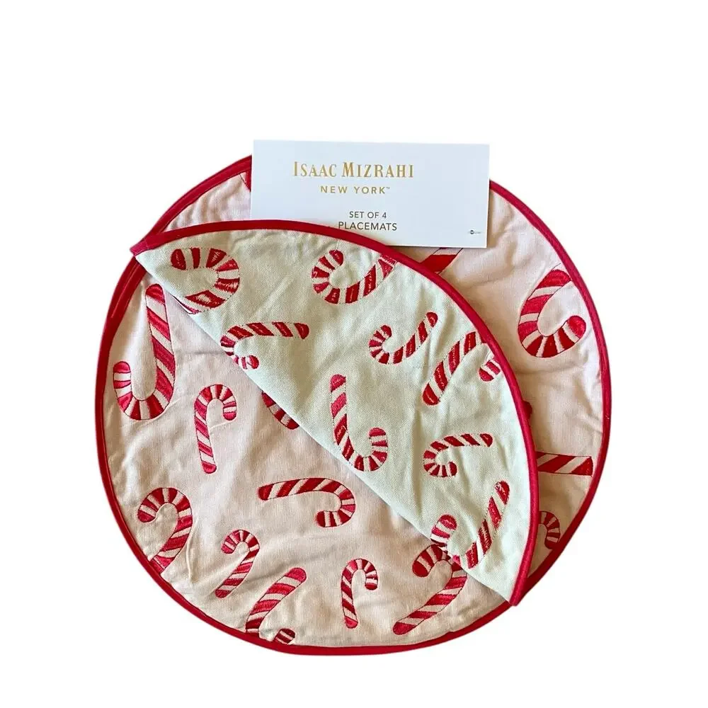 Isaac Mizrahi CANDY CANE Christmas Placemats 15in Embroidered Cotton Pink & Red
